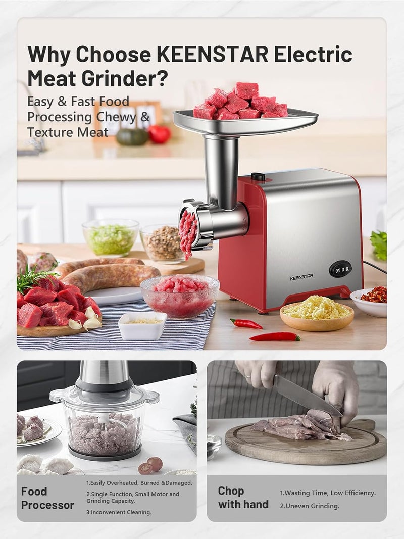 KEENSTAR Electric Meat Grinder, Sausage Stuffer Maker 450W Food Grinder with Blade & 3 Plates, Sausage Stuffer Tubes & Kubbe Kit, Stainless Steel Meat Mincer Machine for Home Kitchen Use (Red) - Image 2